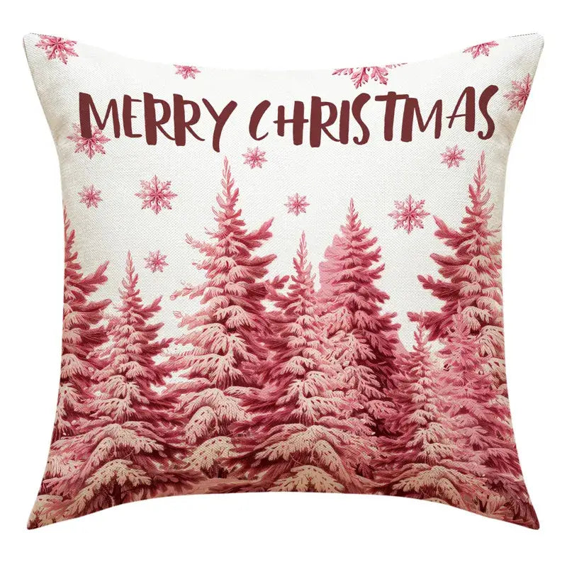 Decorbites™ christmas pillowcase with pink and red snow-covered pine trees and merry christmas text for living room sofa with santa claus and snowman print