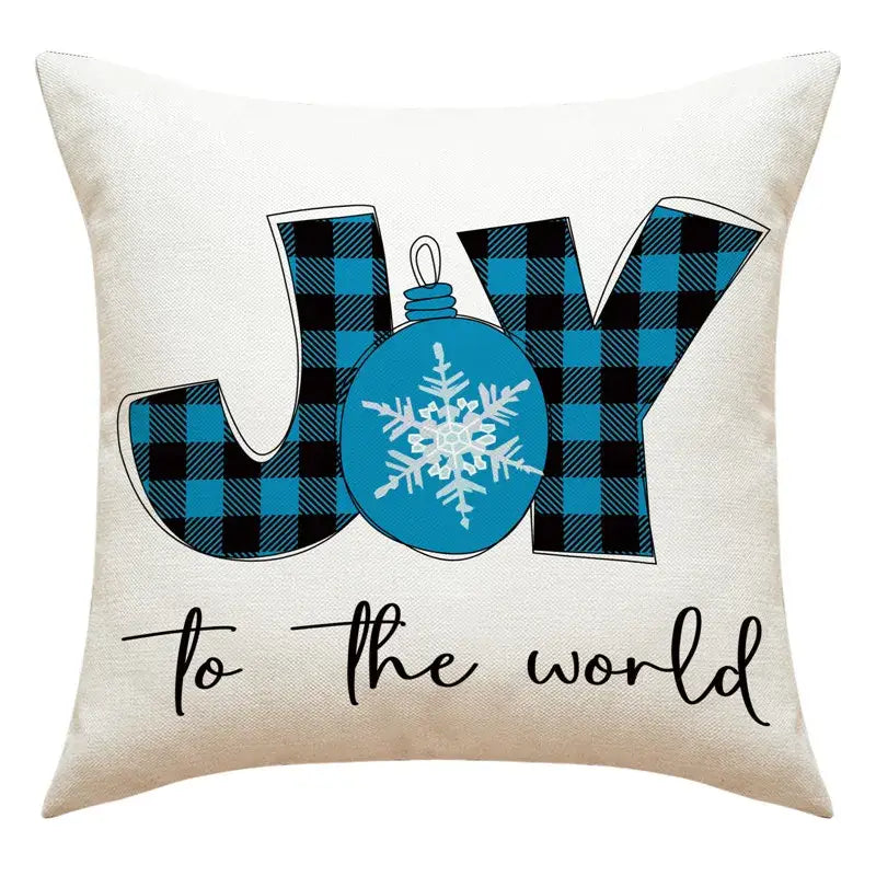 Beige DecorBites Christmas pillowcase with joy in plaid letters and blue ornament for living room santa claus snowman print decor