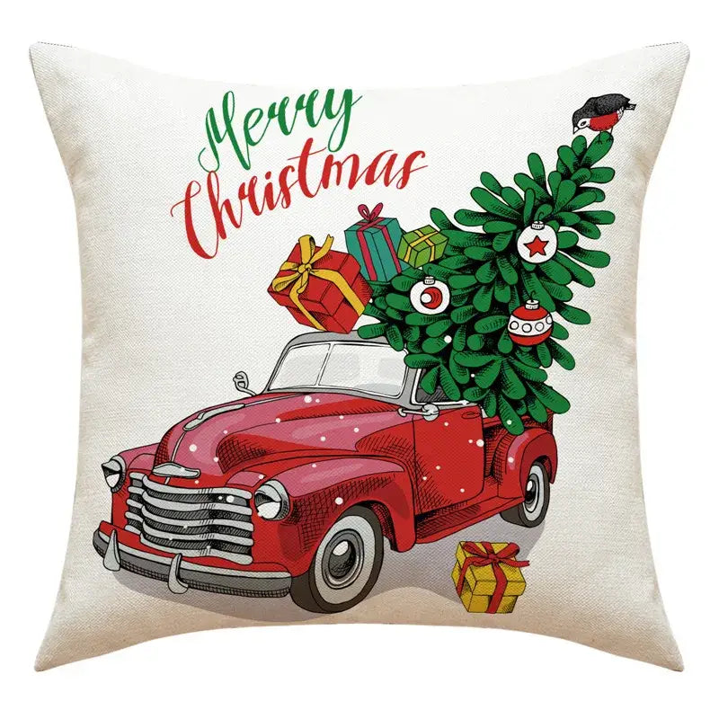Beige decorbites christmas pillowcase with red vintage truck and christmas tree featuring santa claus snowman print for living room