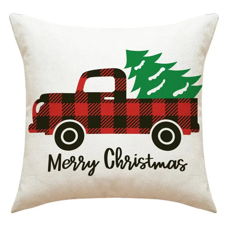 Cream-colored DecorBites Christmas pillowcase with red black plaid truck and merry christmas script for living room decor