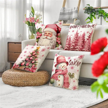 Set of four decorbites™ christmas pillowcases with santa claus and snowman print in pink for living room sofa decor