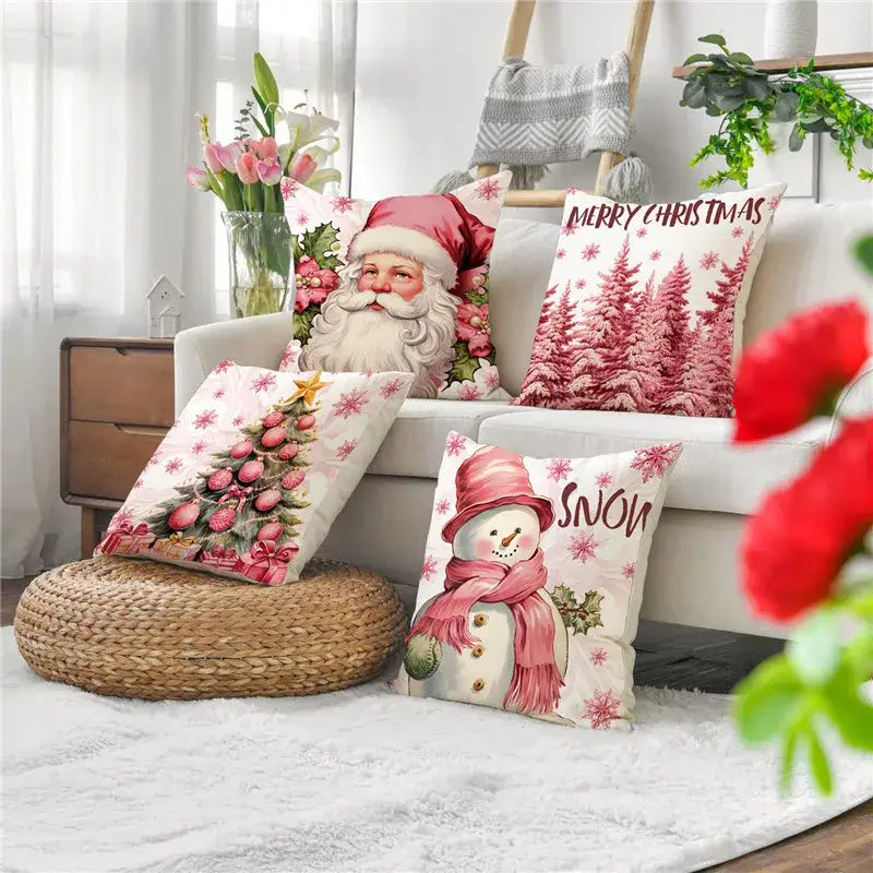 Set of four decorbites™ christmas pillowcases with santa claus and snowman print in pink for living room sofa decor