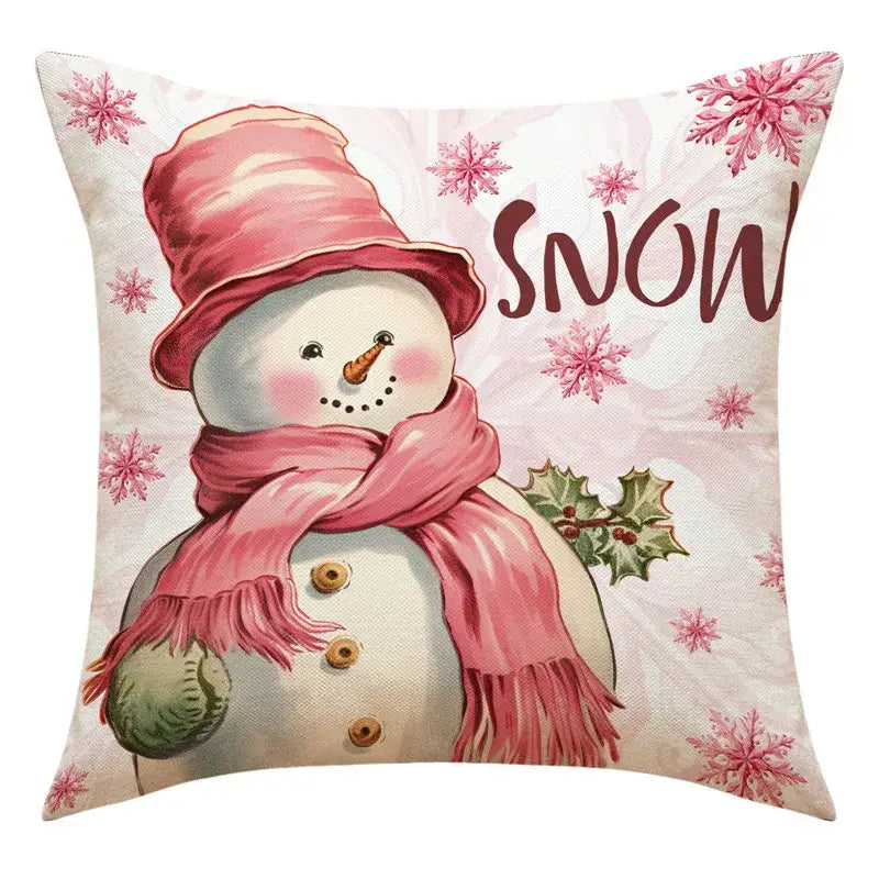 DecorBites™ cozy pink snowman print pillowcase with santa claus design and holly for living room sofa decor