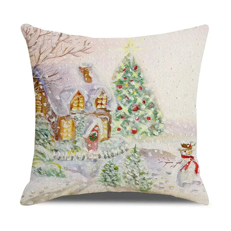 Decorbites™ christmas pillowcase with santa claus snowman print featuring a cozy snow-covered house for living room decor