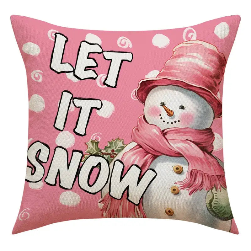 Pink throw pillow with cheerful snowman print and let it snow text for living room santa claus decorbites pillowcase