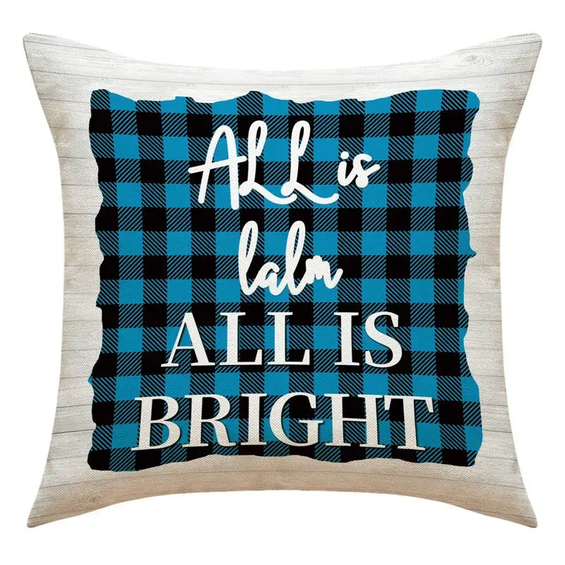 Decorbites™ christmas square throw pillow with blue black plaid and all is calm all is bright text for living room decor with santa claus snowman print