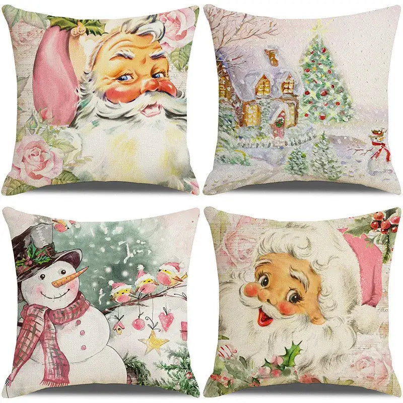 Set of four vintage-style decorbites™ christmas pillow covers with santa claus snowman print for living room sofa decor