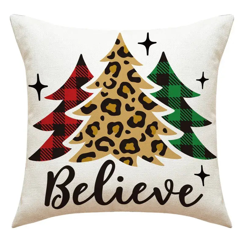 Beige decorbites christmas pillowcase with three stylized trees and believe text for santa claus snowman print living room decor