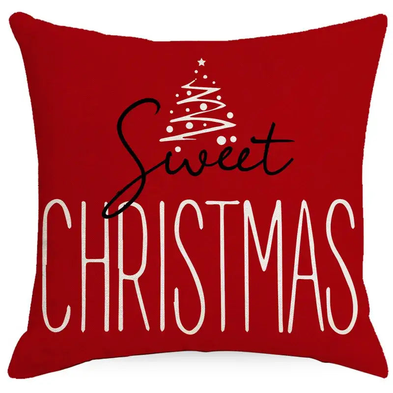Red throw pillow with sweet christmas text and white tree design for living room with santa claus snowman print decor