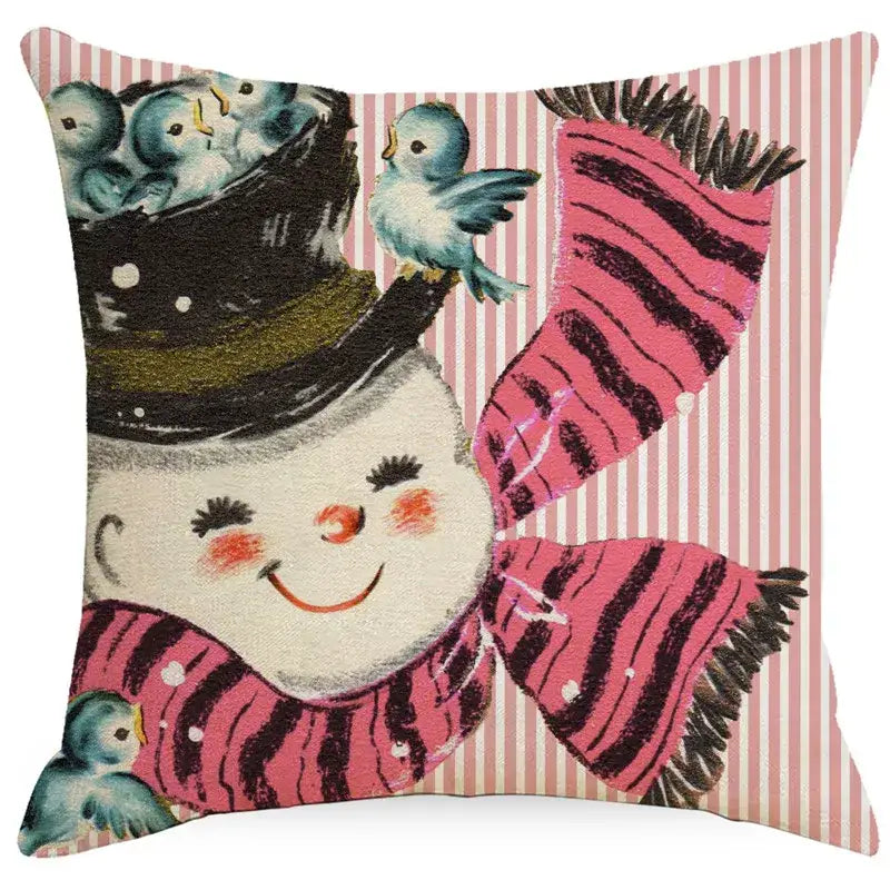 Decorbites™ christmas pillowcase with snowman print wearing pink and black scarf with santa claus theme for living room sofa decor