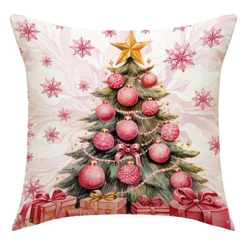 DecorBites™ christmas pillowcase with santa claus snowman print featuring pink tree and gold star for living room decor