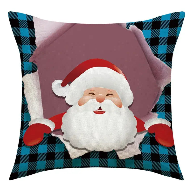 Decorbites™ christmas throw pillow with santa claus peeking through blue black plaid for living room decor