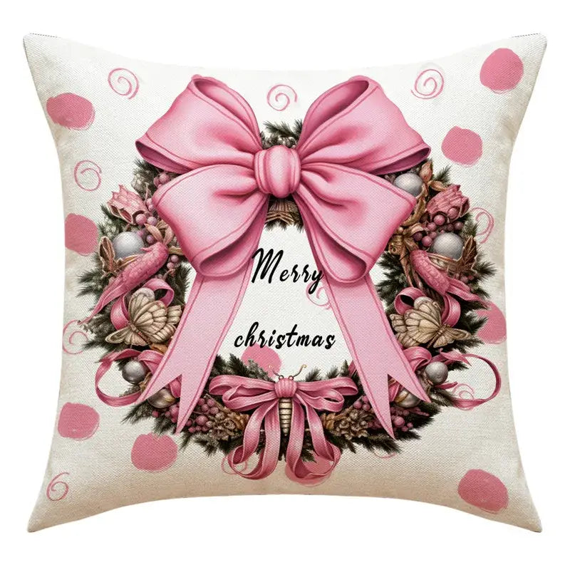 A cream-colored decorbites christmas pillowcase with festive wreath and merry christmas text for living room sofa with santa claus snowman print