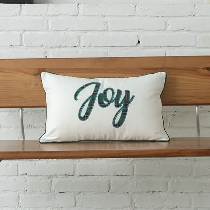 White rectangular cotton canvas cushion cover with decorbites christmas plaid joy embroidery and dark green piping