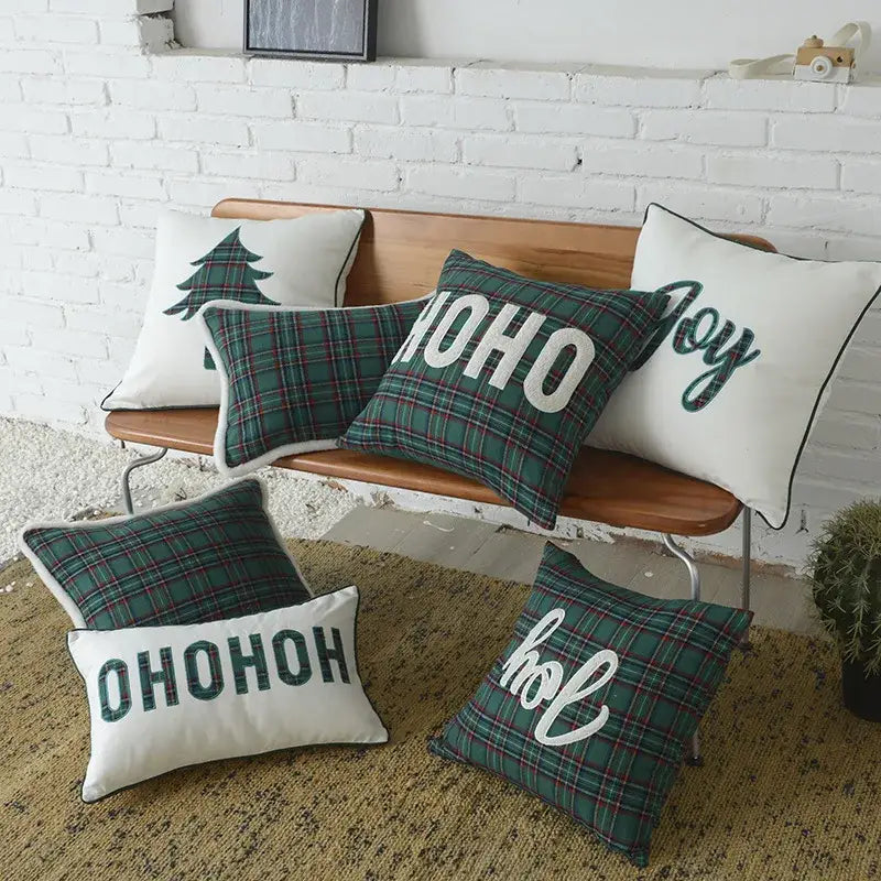 DecorBites christmas plaid green and white cotton cushion cover with festive text and snowflake embroidery
