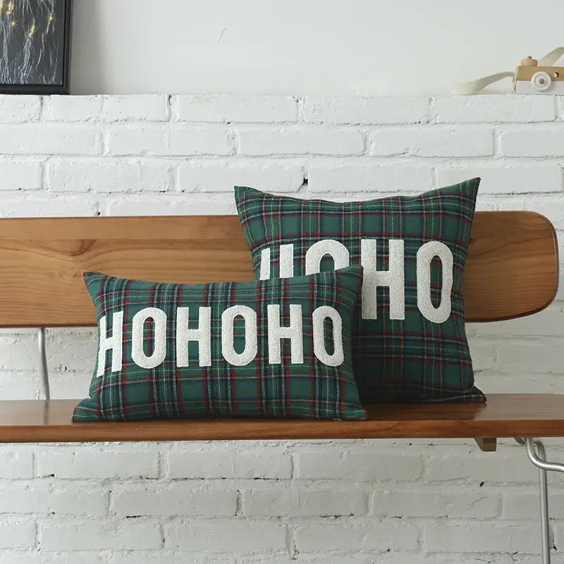 Green plaid cotton canvas cushion cover with white ho ho ho lettering and snowflake embroidery by decorbites christmas plaid
