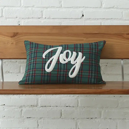 Rectangular green plaid cotton canvas cushion cover with white joy embroidery and snowflake embroidery by decorbites christmas plaid