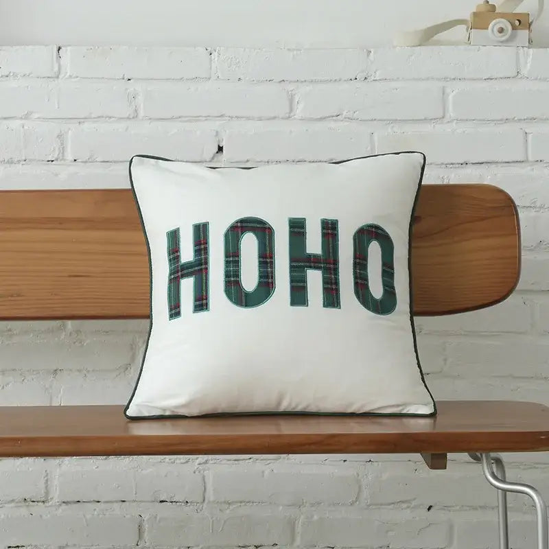 White square cotton canvas cushion cover with ho ho green plaid letters and black stitched border snowflake embroidery decorbites christmas plaid