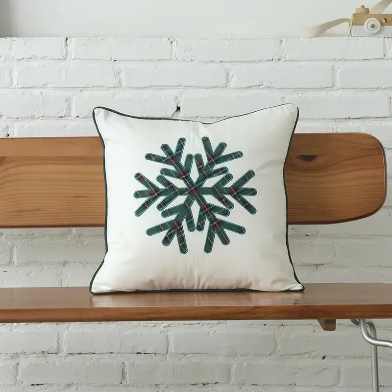 White cotton canvas cushion cover with green plaid snowflake embroidery and black trim decorbites christmas plaid