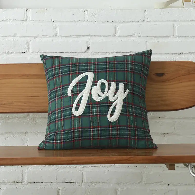 Green plaid cotton canvas cushion cover with white joy lettering and snowflake embroidery decorbites christmas plaid