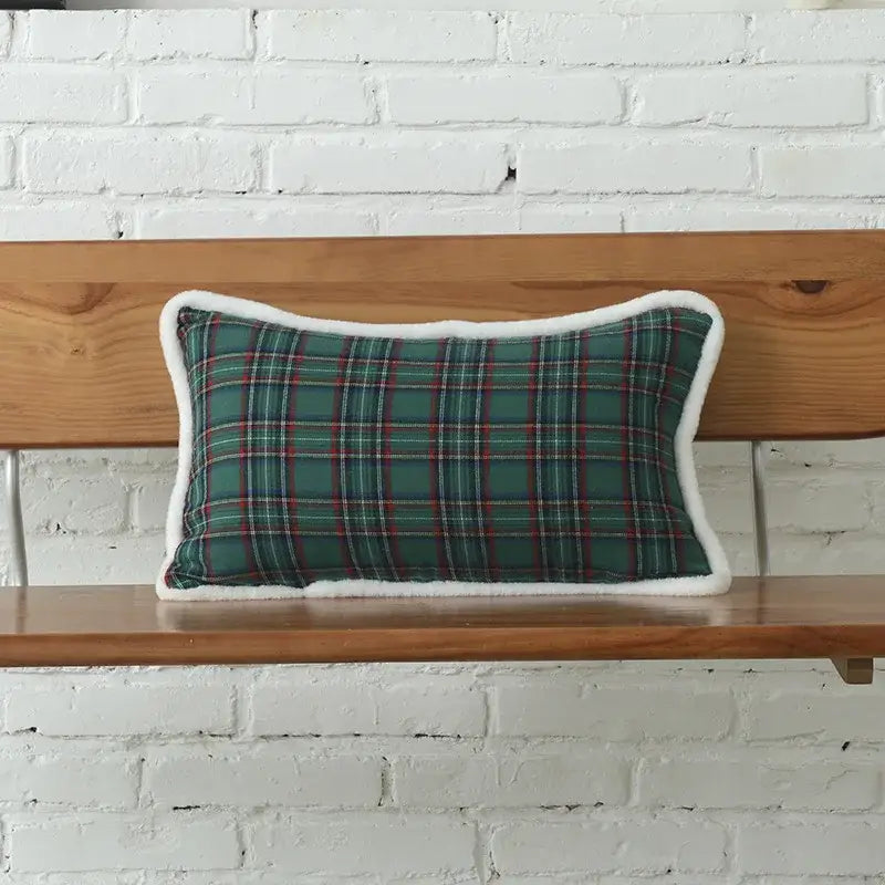Rectangular green and red plaid cotton canvas cushion cover with white faux fur trim and snowflake embroidery by decorbites christmas plaid