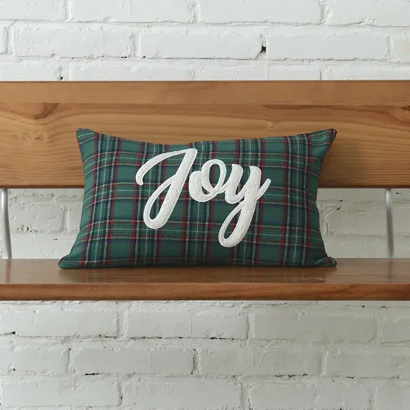 Rectangular green plaid cotton cushion cover with white embroidered joy lettering decorbites christmas plaid design
