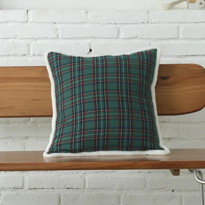 Cozy decorbites christmas plaid cotton cushion cover with green red white plaid pattern and plush white fleece trim