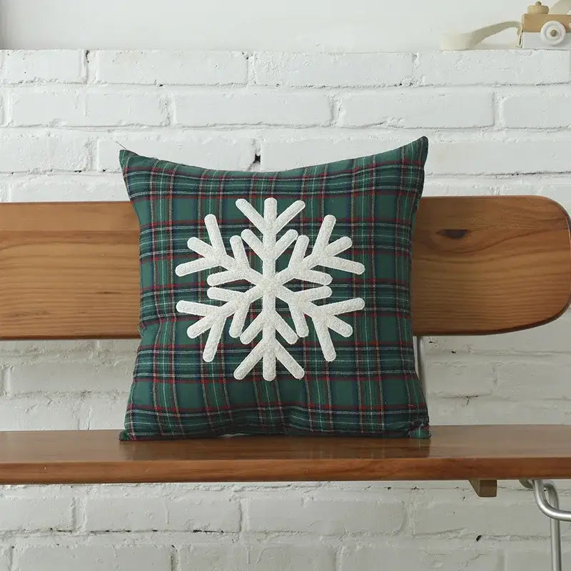 Green plaid cotton cushion cover with white snowflake embroidery by decorbites christmas plaid collection