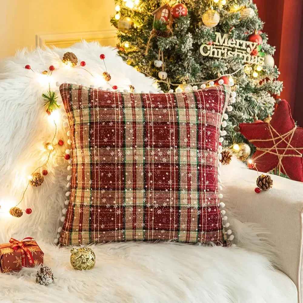 Decorbites christmas plaid cushion cover in red and beige with white pom-pom trim for festive home decor
