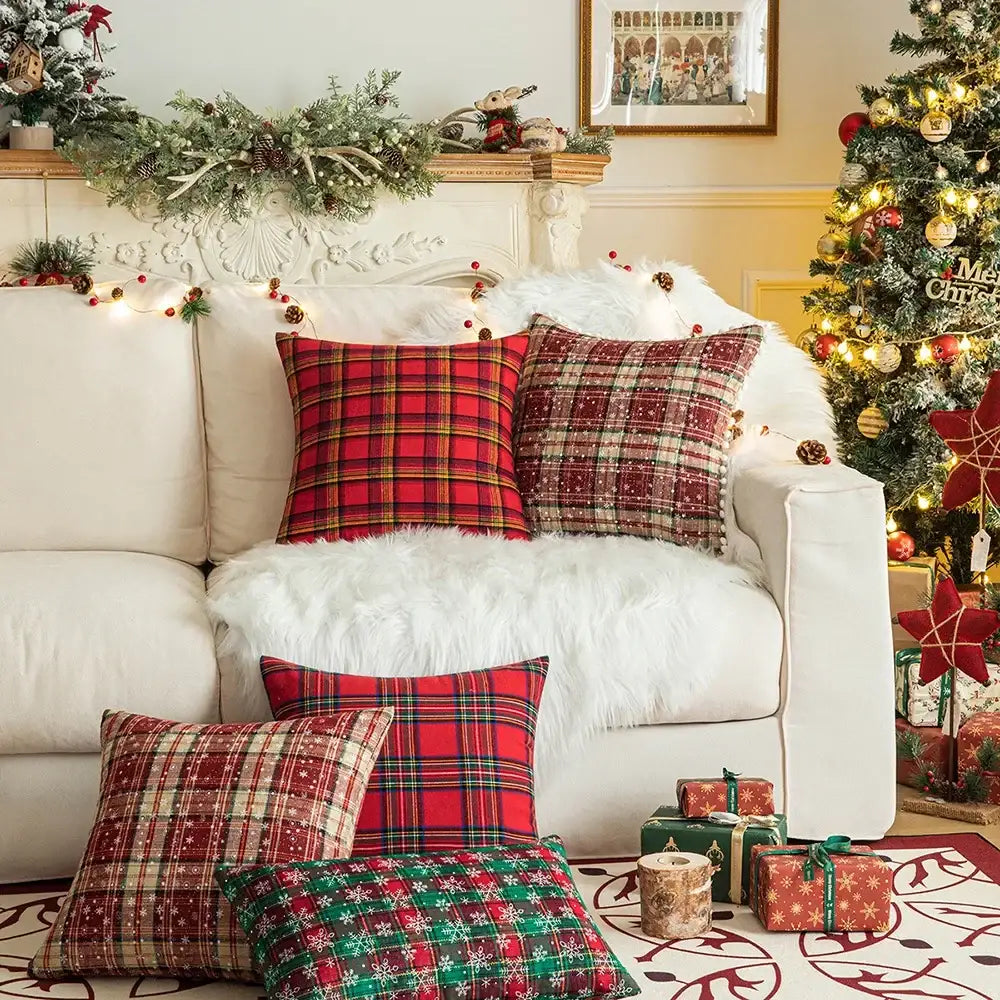 Red and green plaid cushion cover with festive holiday patterns from decorbites christmas plaid collection