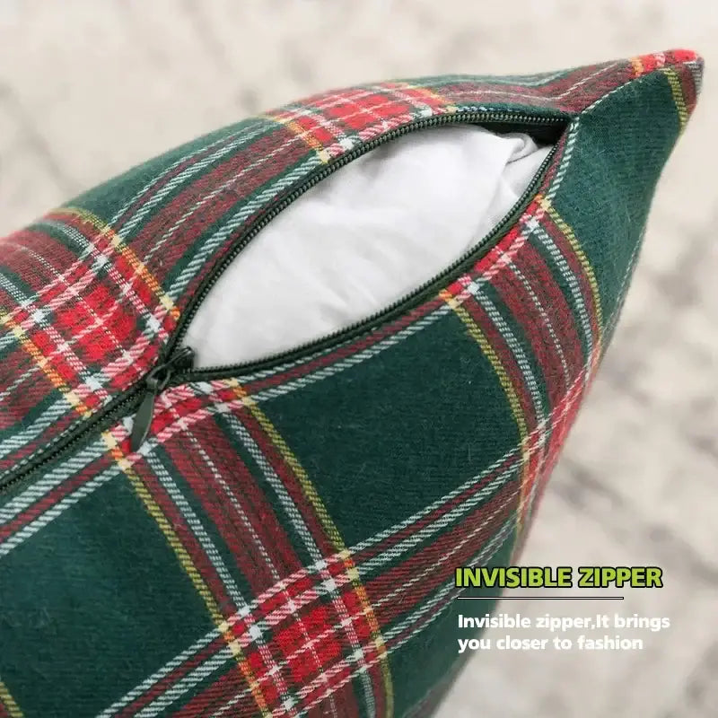 Green red and yellow plaid decorbites christmas plaid cushion cover with invisible zipper for holiday home decor