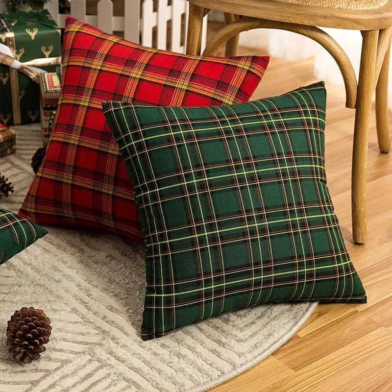 Green and red plaid throw pillow with yellow and black accents decorbites christmas plaid cushion cover for home decor