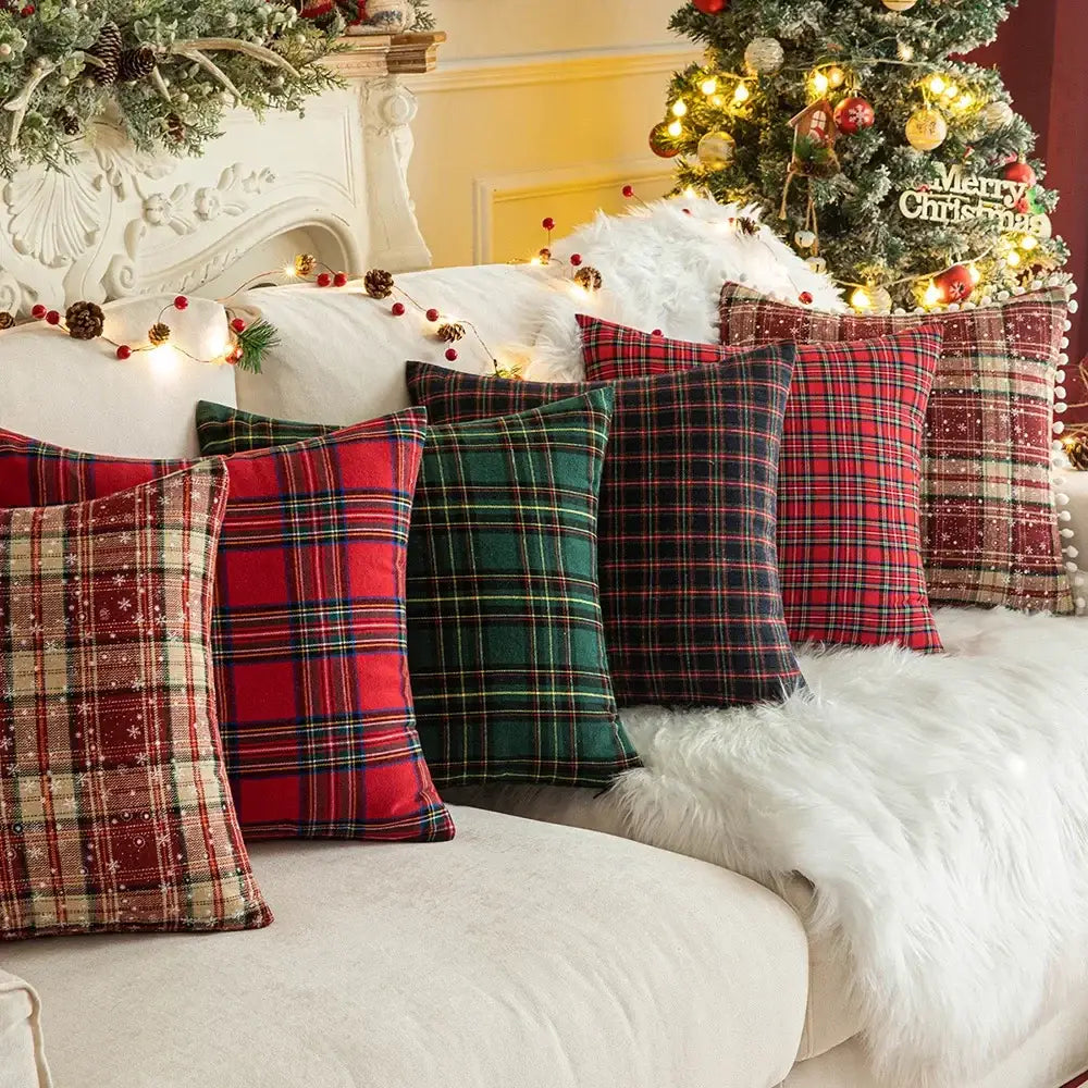 Set of decorbites christmas plaid cushion covers in red green and burgundy textured fabric for holiday decor