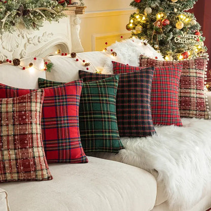 Set of decorbites christmas plaid cushion covers in red green and burgundy textured fabric for holiday decor