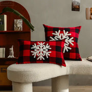 Red and black plaid cushion cover with white embroidered snowflakes decorbites christmas plaid for sofa and bed decor