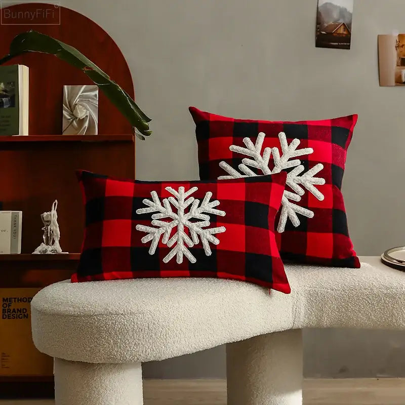Red and black plaid cushion cover with white embroidered snowflakes decorbites christmas plaid for sofa and bed decor