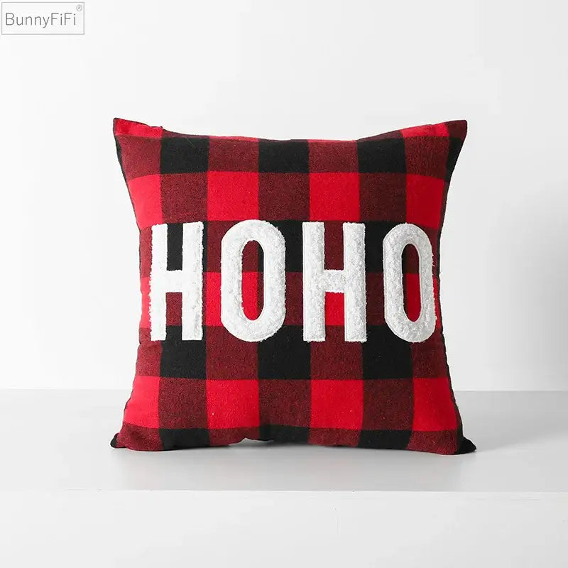 Decorbites christmas plaid cushion cover in red black check with white ho ho lettering for home sofa bed
