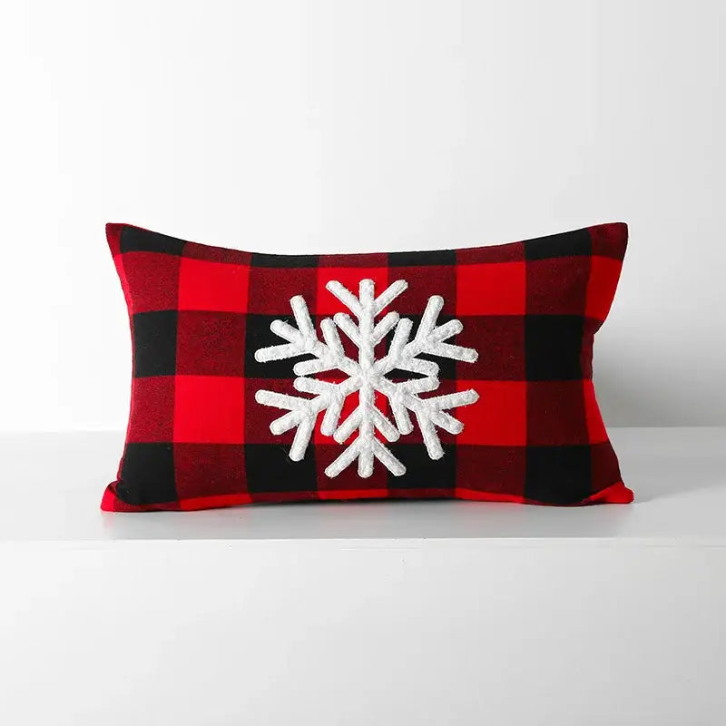 Decorbites christmas plaid cushion cover featuring red and black check with white embroidered snowflake for sofa bed