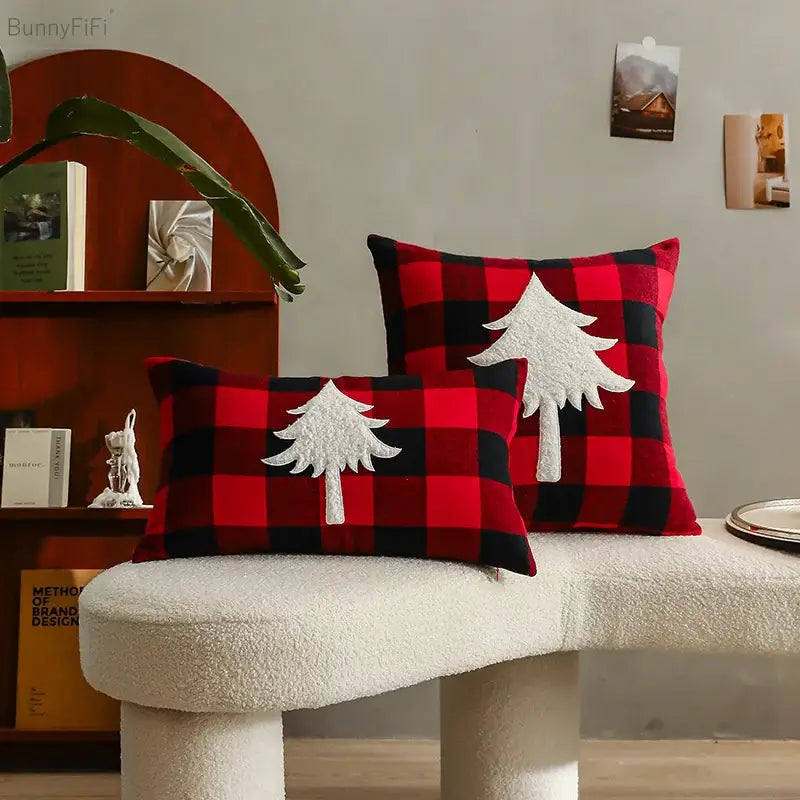 Decorbites christmas plaid cushion cover in red black check with white tree appliqués for home sofa bed