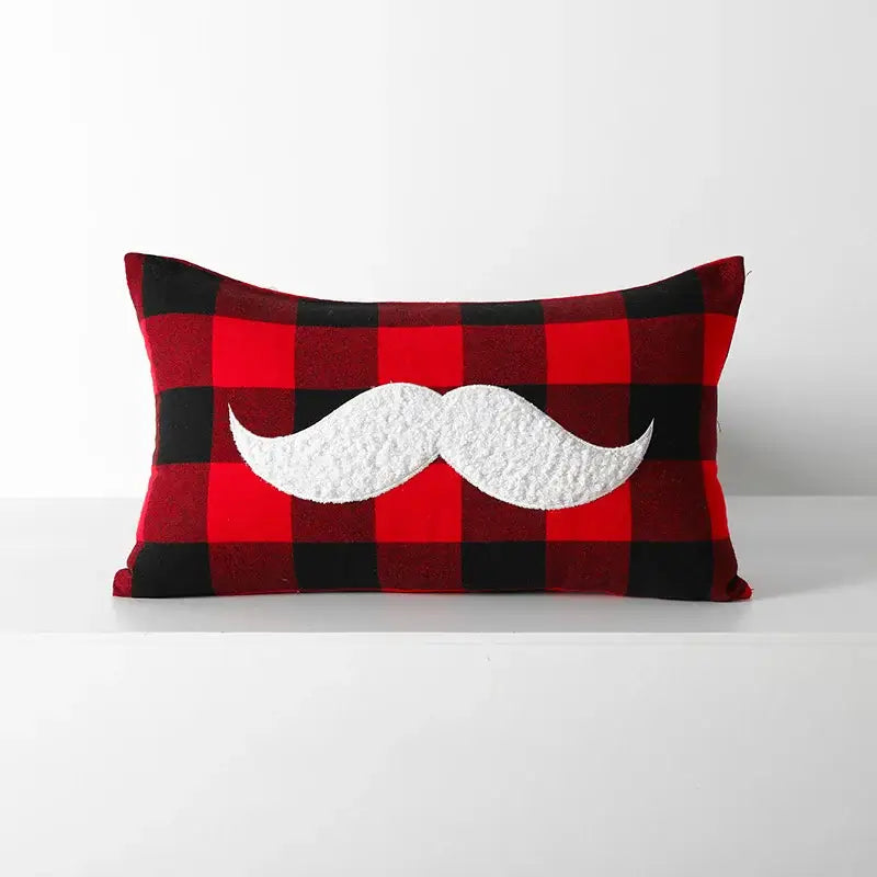Decorbites christmas plaid cushion cover in red black check with white textured mustache appliqué for home sofa bed