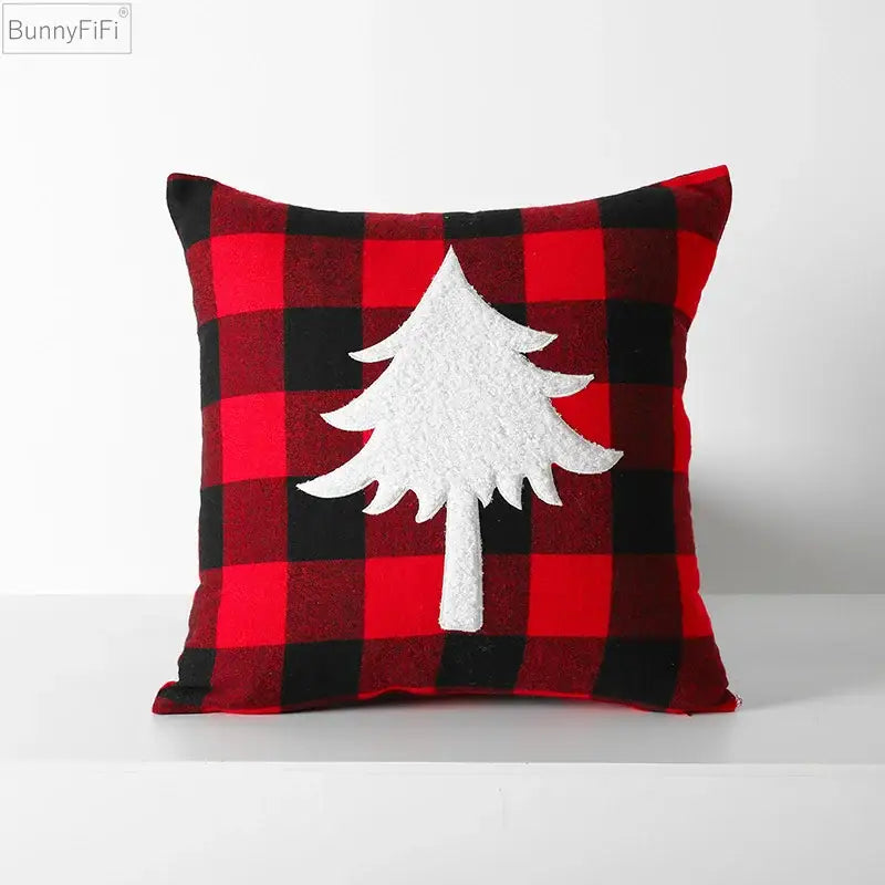 Decorbites christmas plaid cushion cover in red and black check with white felt pine tree appliqué for sofa and bed