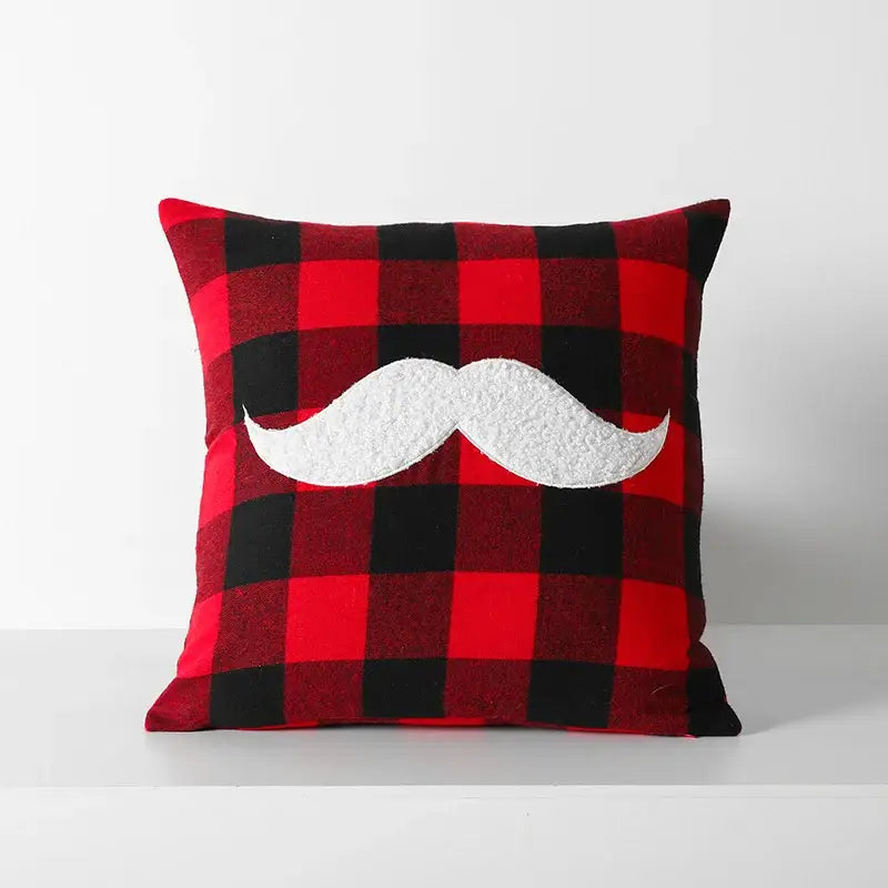 Red and black plaid cushion cover with white felt mustache appliqué from DecorBites Christmas plaid collection for sofa bed
