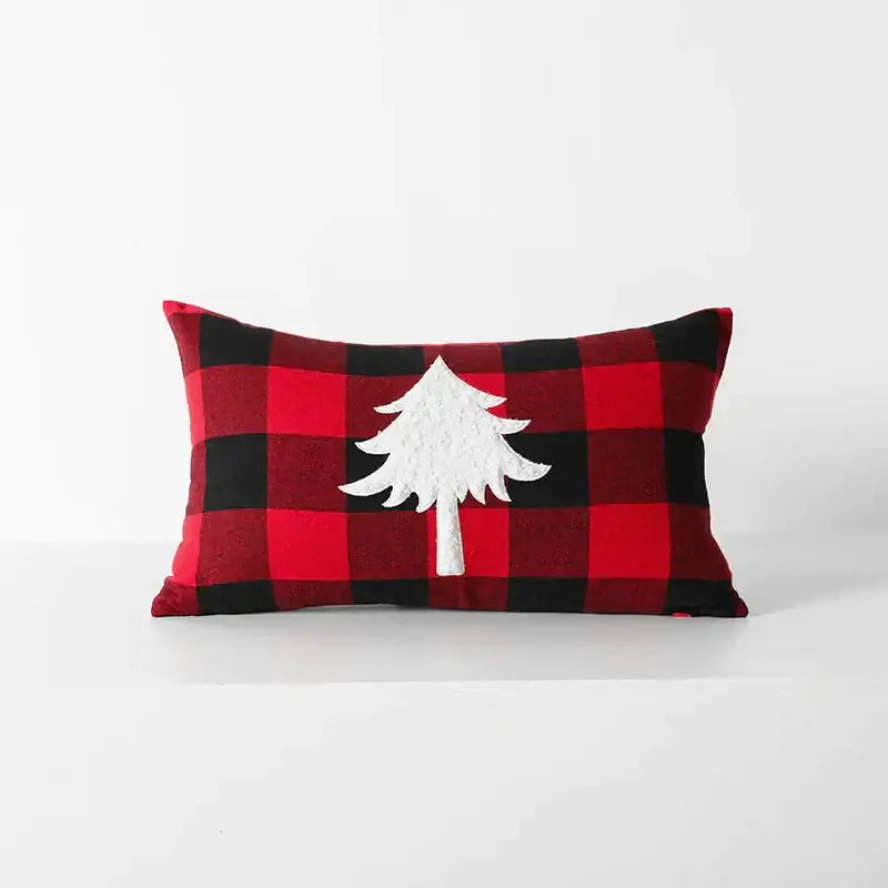 Red and black plaid cushion cover with white embroidered tree design decorbites christmas plaid for home sofa bed