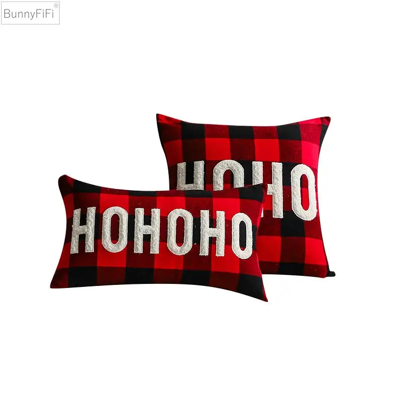 Decorbites christmas plaid cushion cover in red and black check with ho ho ho embroidered in silver thread for sofa bed