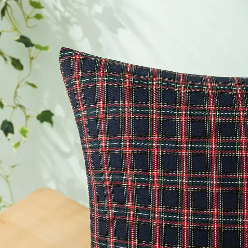 Decorbites christmas plaid pillow covers featuring navy blue tartan with bold red and thin green stripes for farmhouse decor