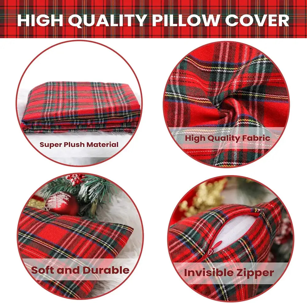 DecorBites Christmas plaid pillow covers in red green and black plaid super plush fabric with invisible zipper for holiday decor
