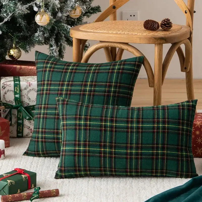 Two green plaid pillow covers with classic tartan pattern in deep emerald for DecorBites Christmas plaid decor