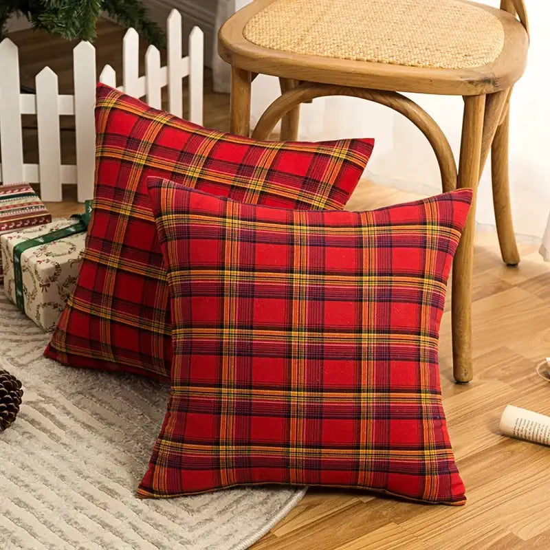 Red plaid throw pillow cover with bold yellow and dark blue stripes for DecorBites Christmas plaid decorative decor