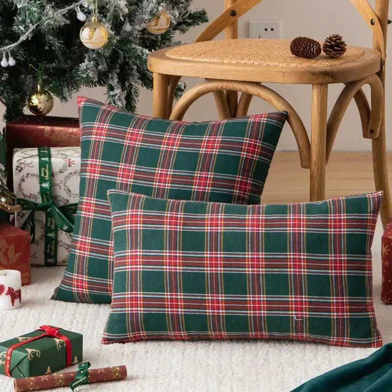 Two rectangular pillow covers with festive green red and white plaid pattern from DecorBites Christmas Plaid collection