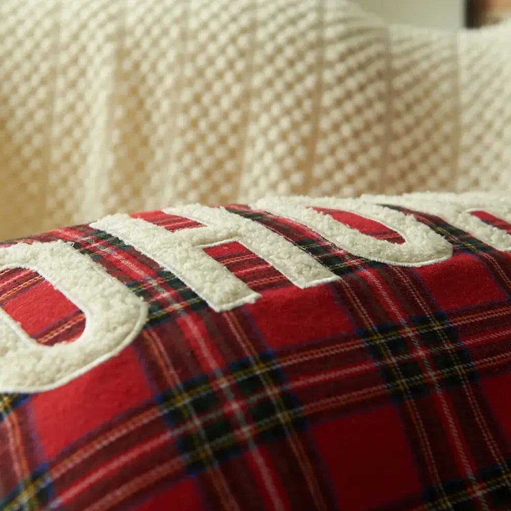 Red plaid print pillow from decorbites christmas plaid set featuring ohio embroidered in cream fleece for holiday decor